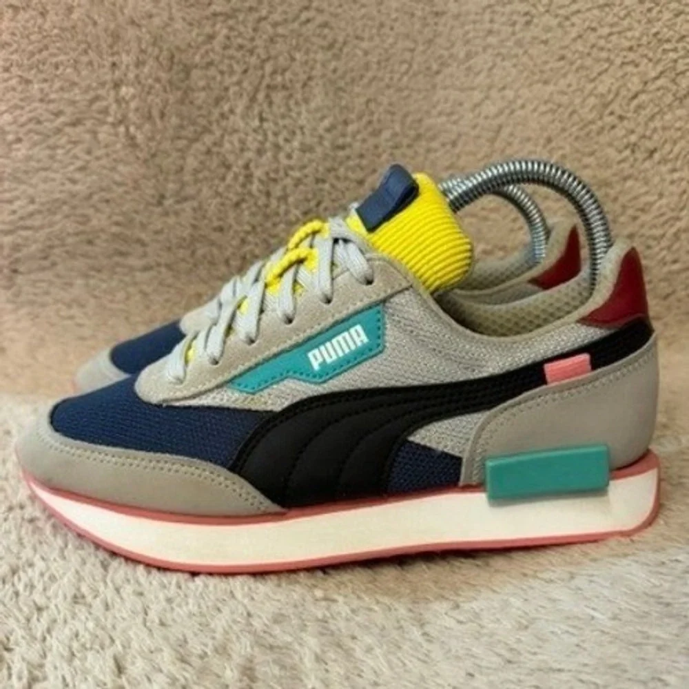 Puma Future Rider Play On Kids Sneakers Grey Navy Yellow 375269-01 Size 5.5C